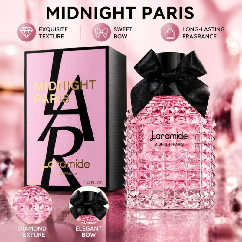 Main product shot: Laramide Midnight Paris perfume, pink diamond bottle and pink gift box