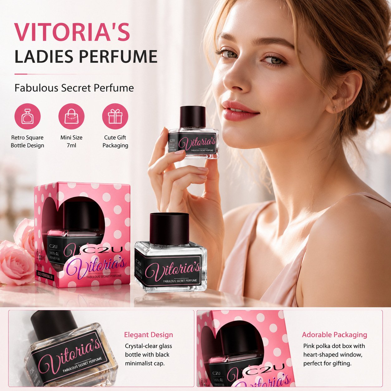 主图-1 C2U ladies perfume feature display, retro square mini 7ml perfume bottle and cute gift packaging for women