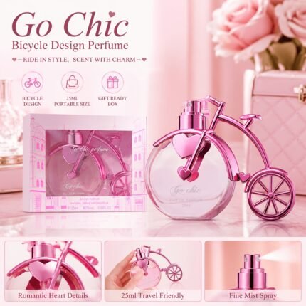 Go Chic bicycle style women perfume 25ml, novelty pink bicycle glass bottle with heart ornament, ladies EDP perfume gift box