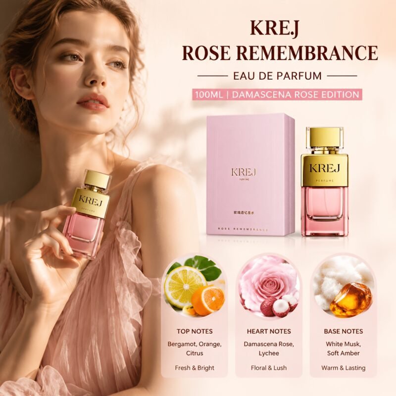 KREJ Rose Remembrance women eau de parfum 100ML Damask rose citrus scent luxury gold accent bottle pink textured gift box
