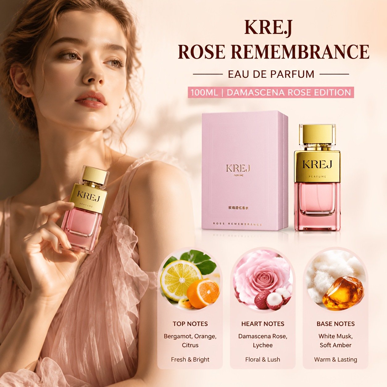 主图-4 KREJ Rose Remembrance women eau de parfum 100ML Damask rose citrus scent luxury gold accent bottle pink textured gift box