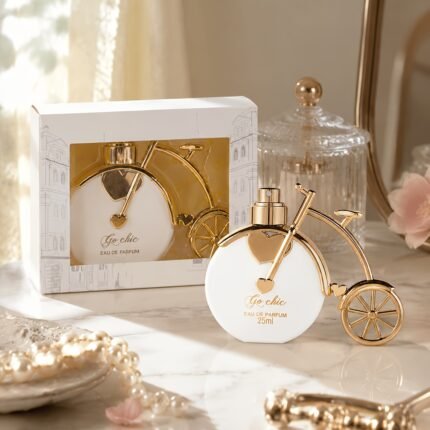 Go Chic 25ml Eau de Parfum for women, luxury gold bicycle‑shape perfume bottle with heart details. Travel‑size ladies fragrance, artistic vanity decor, ideal ready‑to‑gift for birthday, anniversary and Valentine’s Day.